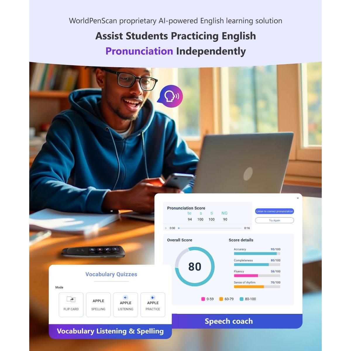 PenPower WorldPenScan Go - Translation Pen with Scanning, Reading, Audio Recording, Live Interpretation, and AI English Learning Platform for Kids & Adults