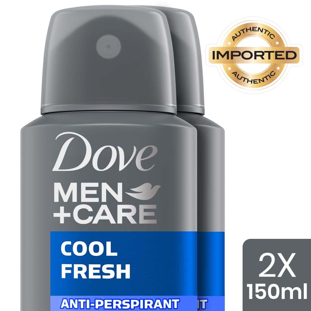 Dove Men+Care Cool Fresh Dry Spray Antiperspirant Deodorant, Up To 48 hrs Protection From Sweat & Odour, Instantly Dry for Cleaner Feel, Dermatologically Proven Formula, Soothes & Moisturises Skin, Clean, Refreshing Scent, 150ml (Pack of 2)