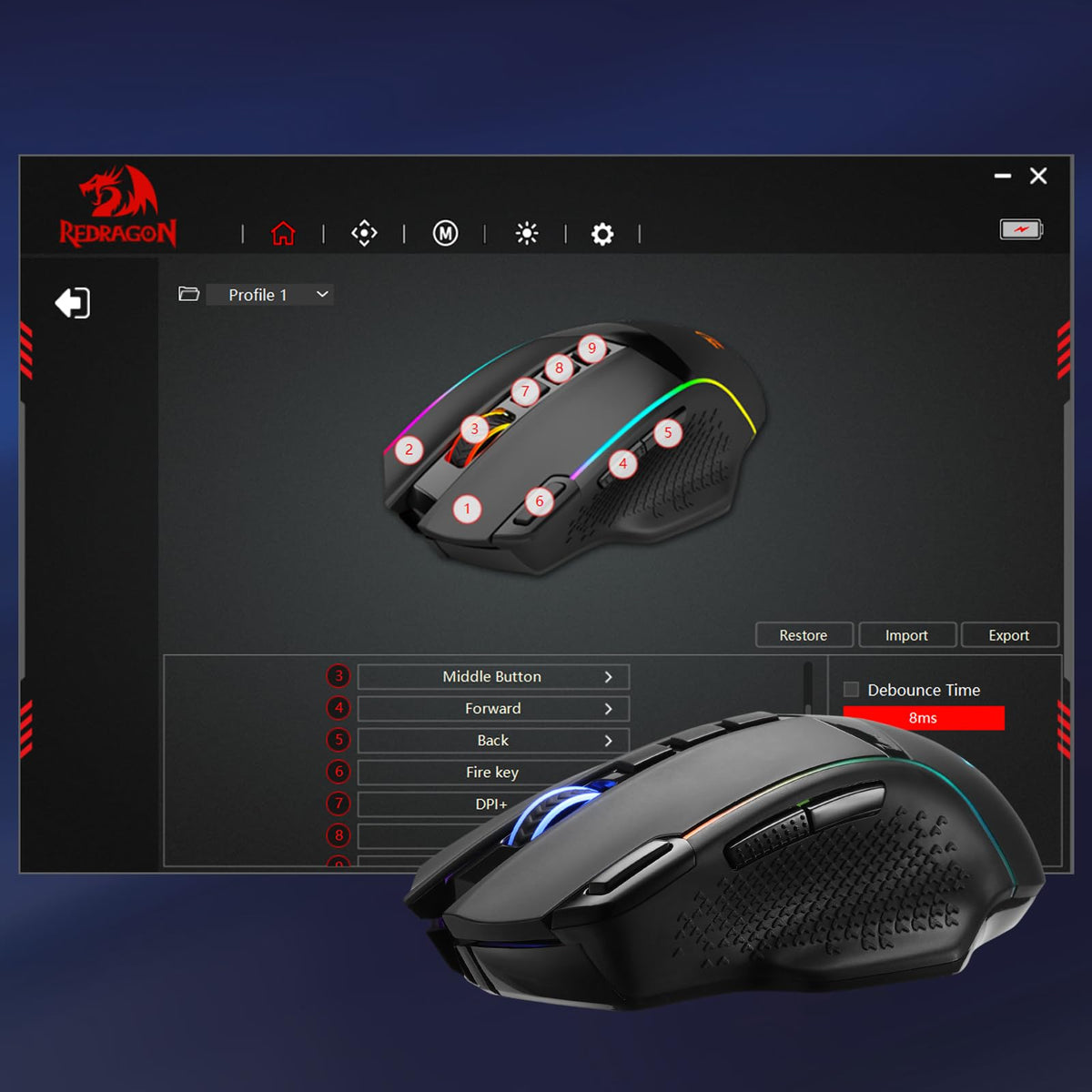 Redragon M991 Wireless Gaming Mouse, 26000 DPI 3-Mode Gamer Mice w/Rapid Fire Key, 9 Macro Buttons, Powerful Capacity and RGB Backlight for PC/Mac/Laptop, Black