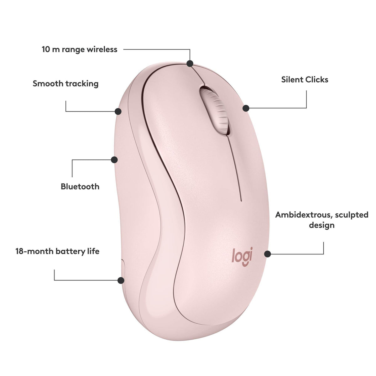 Logitech M240 Silent Bluetooth Mouse, Wireless, Compact, Portable, Smooth Tracking, 18-Month Battery, for Windows, macOS, ChromeOS, Compatible with PC, Mac, Laptop, Tablets - Rose