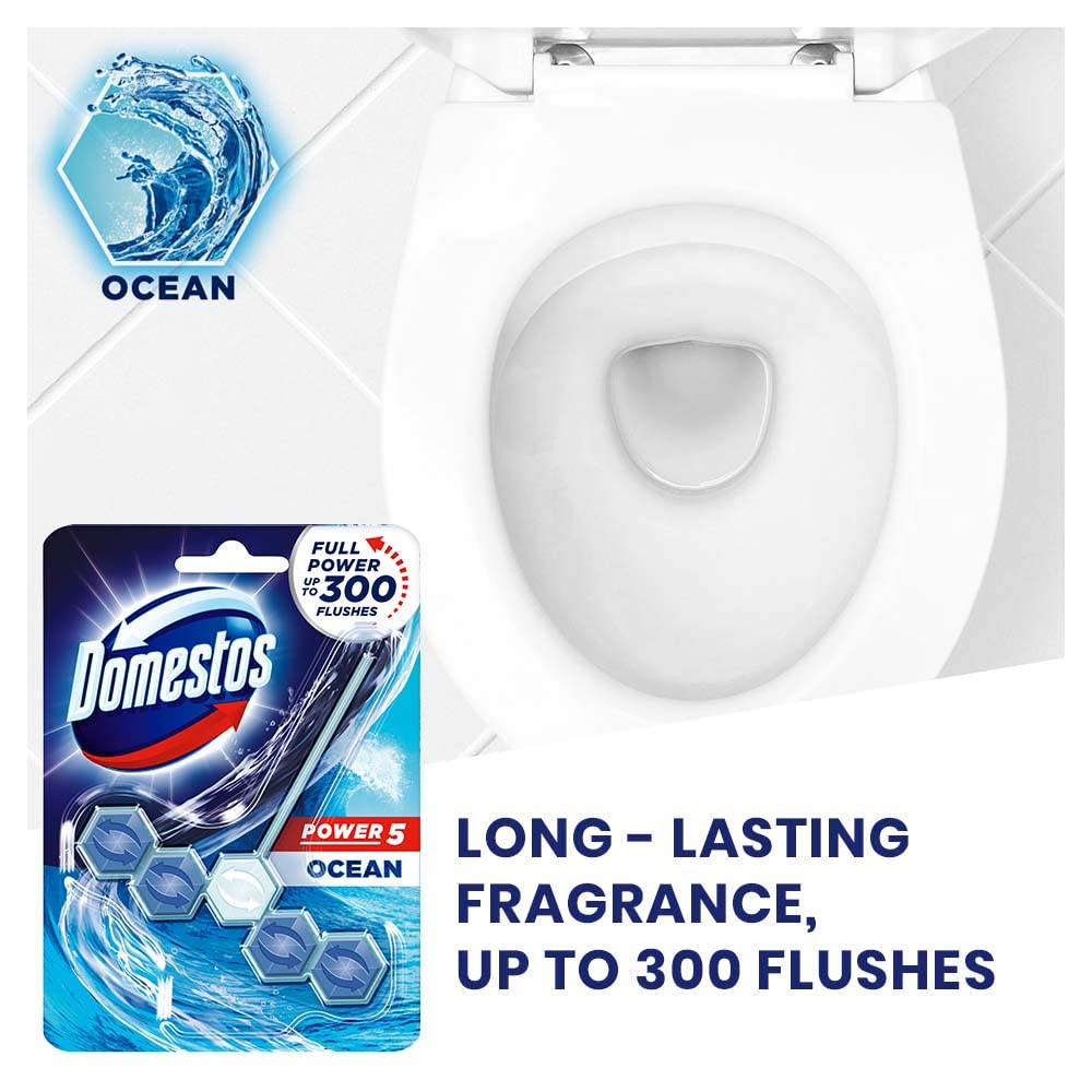 Domestos Power 5 Toilet Cleaner Rim Block with Fresh Ocean Scent, Power of 5 in 1 Limescale Prevention, Long-Lasting Fragrance, Rich Foam, Shine, and Hygiene, Protects Against Germs & Keeps Toilet Clean & Shiny After Every Flush, 55g (Pack of 4)