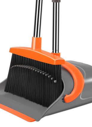 Broom and Dustpan Set for Home, Broom and Dustpan Combo for Office, Long Handle Broom with Upright Standing Dust pan,Indoor&Outdoor Sweeping (Gray&Orange)