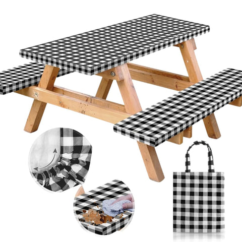 RNOONY Vinyl Fitted Picnic Table Cover with Bench Covers and Bag, 6ft Outdoor Waterproof Windproof Tablecloth with Elastic Edges. Camping RV Gear Campers Must Have 72x30 Inches 4 Pcs Set (Black)