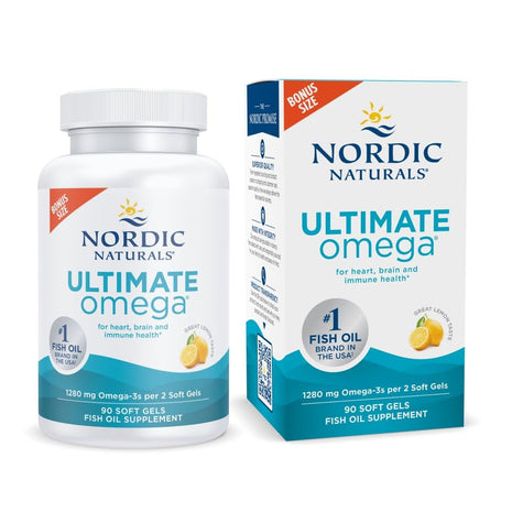 Nordic Naturals Ultimate Omega, Lemon Flavor   90 Soft Gels   1280 mg Omega 3   High Potency Omega 3 Fish Oil Supplement with EPA & DHA   Promotes Brain & Heart Health   Non GMO   45 Servings