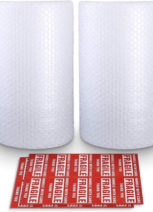 Bubble Cushioning Wrap Rolls, 3/16 inch x 12 inch x 72' ft Total [2 Rolls of 36 Feet] Perforated Every 12 inch, 20 Fragile Stickers for Packaging, Shipping, Mailing
