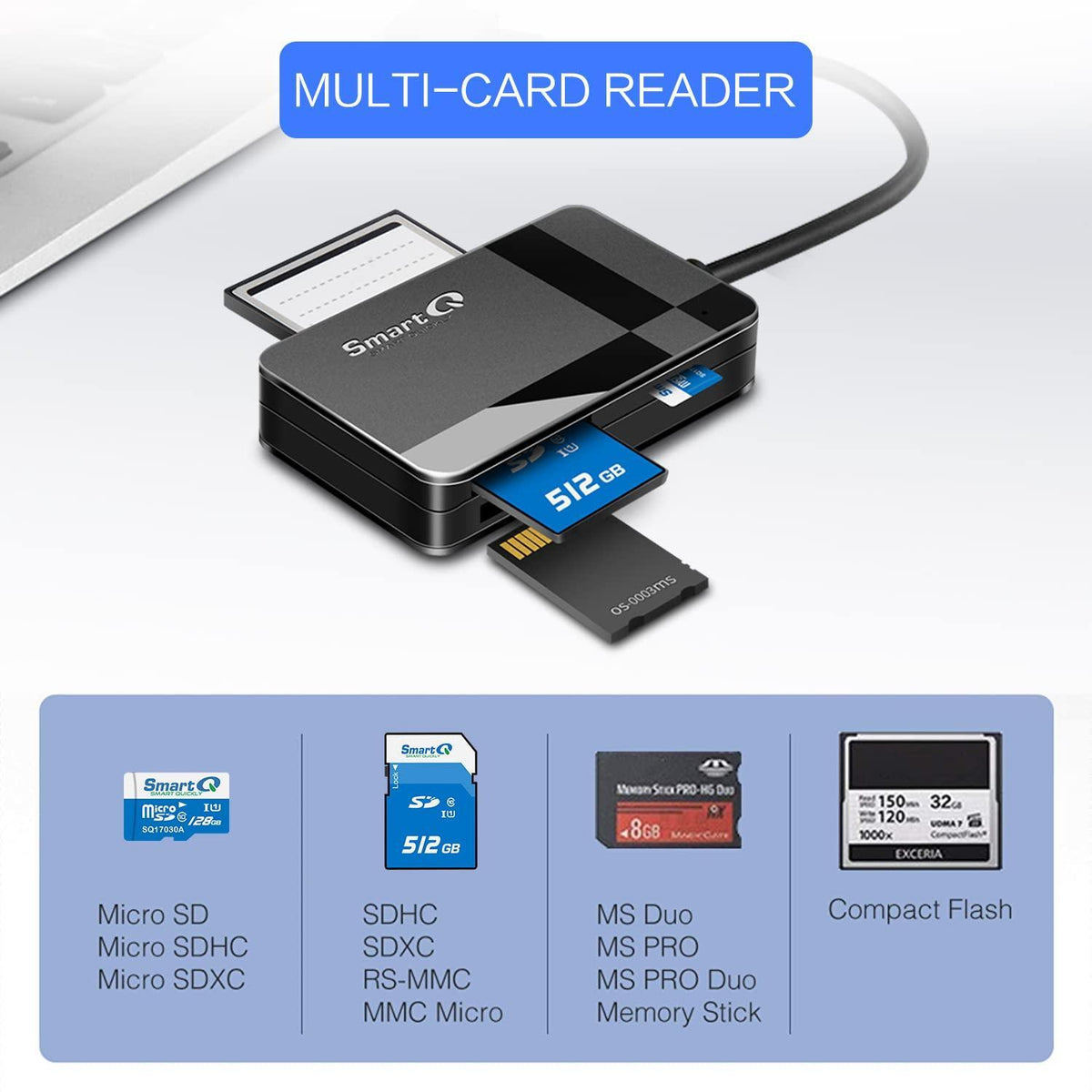 SmartQ C368 USB 3.0 Card Reader - Plug & Play, Compatible with Apple & Windows, Supports SD, Micro SD, MS, CF Cards