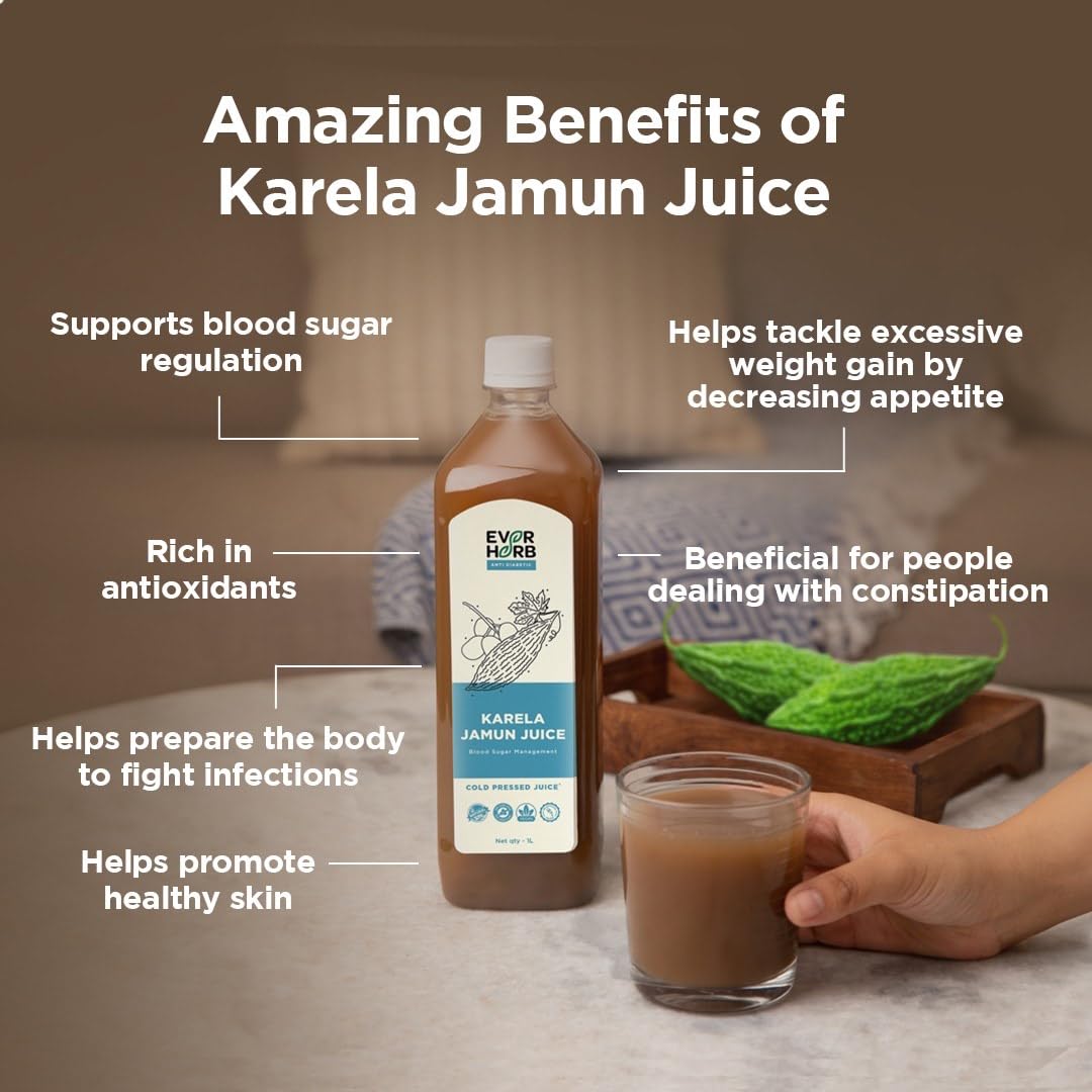 Everherb (by PharmEasy) Karela Jamun Juice for Diabetes - 1L | Helps control Blood Sugar Level & Weight Management | Ayurvedic 100% Natural Sugar Free | Suitable for diabetes & prediabetes - 1000ml