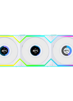 Lian Li UNI Fan SL LCD Wireless (Reverse Blade) 120mm ARGB Fan - Triple Pack - 1.6" LCD Display - 2.4 GHz Wireless Signal for RGB & Fans Control - Controller Included & Required - White(12RSLLCD1W3W)