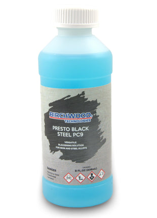 Birchwood Technologies Presto Black STEEL PC9 - versatile blackening solution for iron and steel alloys traditional patina blue and black oxide touch-up (8 oz)