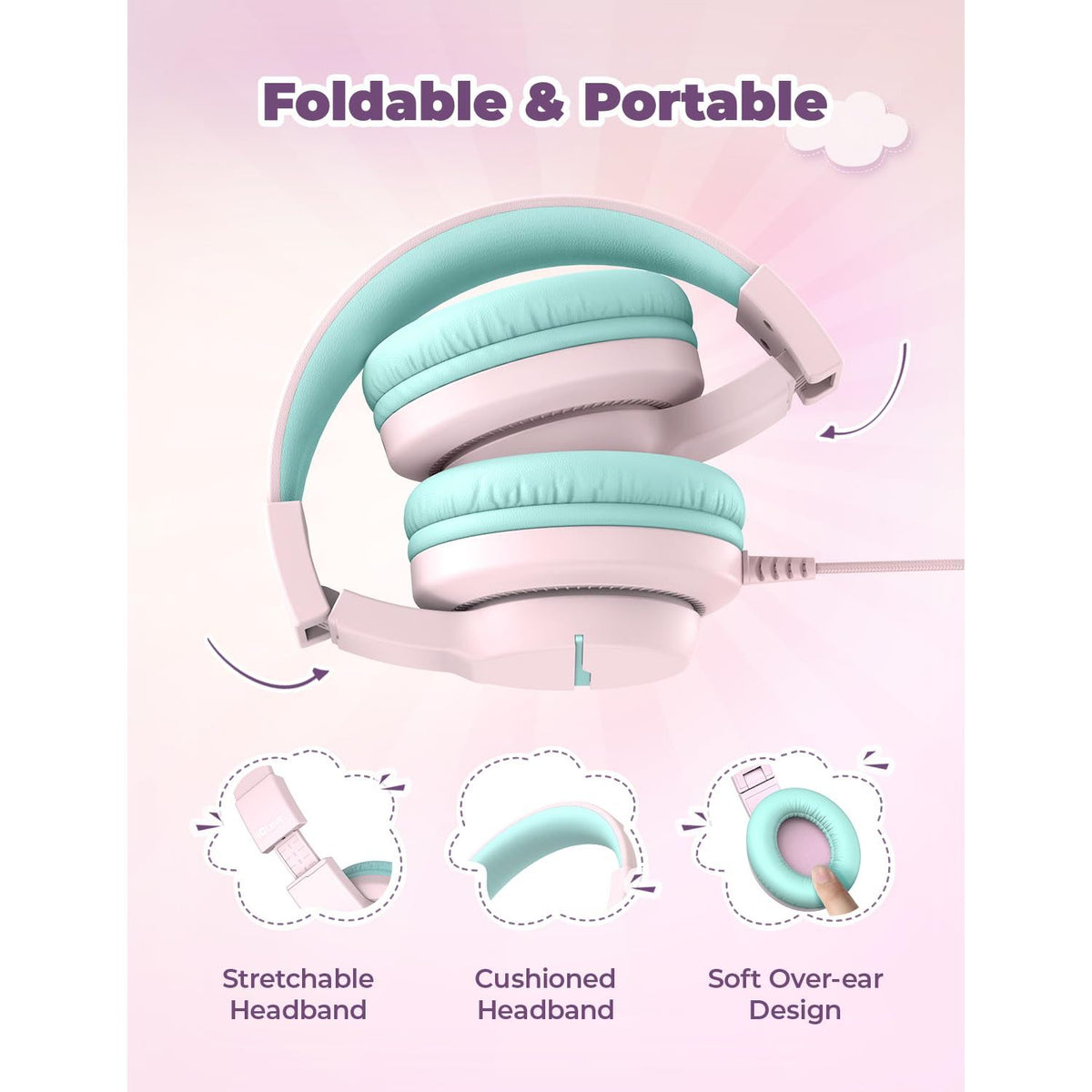 iClever HS19 Kids Headphones with Microphone for School, Safe Volume Limited, Over-Ear Girls Boys Headphones for Kids with Shareport, Foldable Wired for iPad/Travel (Pink)