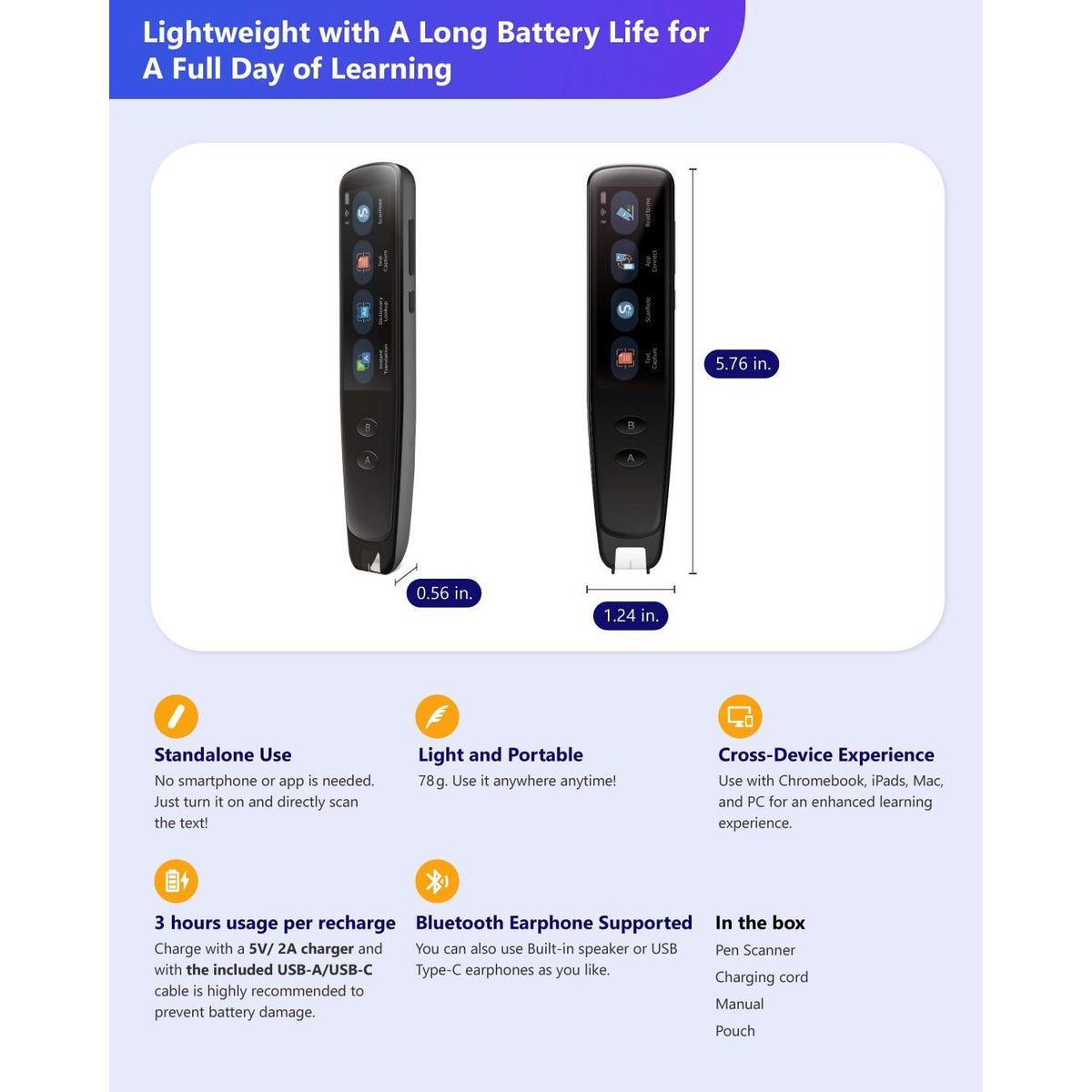 PenPower WorldPenScan Go - Translation Pen with Scanning, Reading, Audio Recording, Live Interpretation, and AI English Learning Platform for Kids & Adults