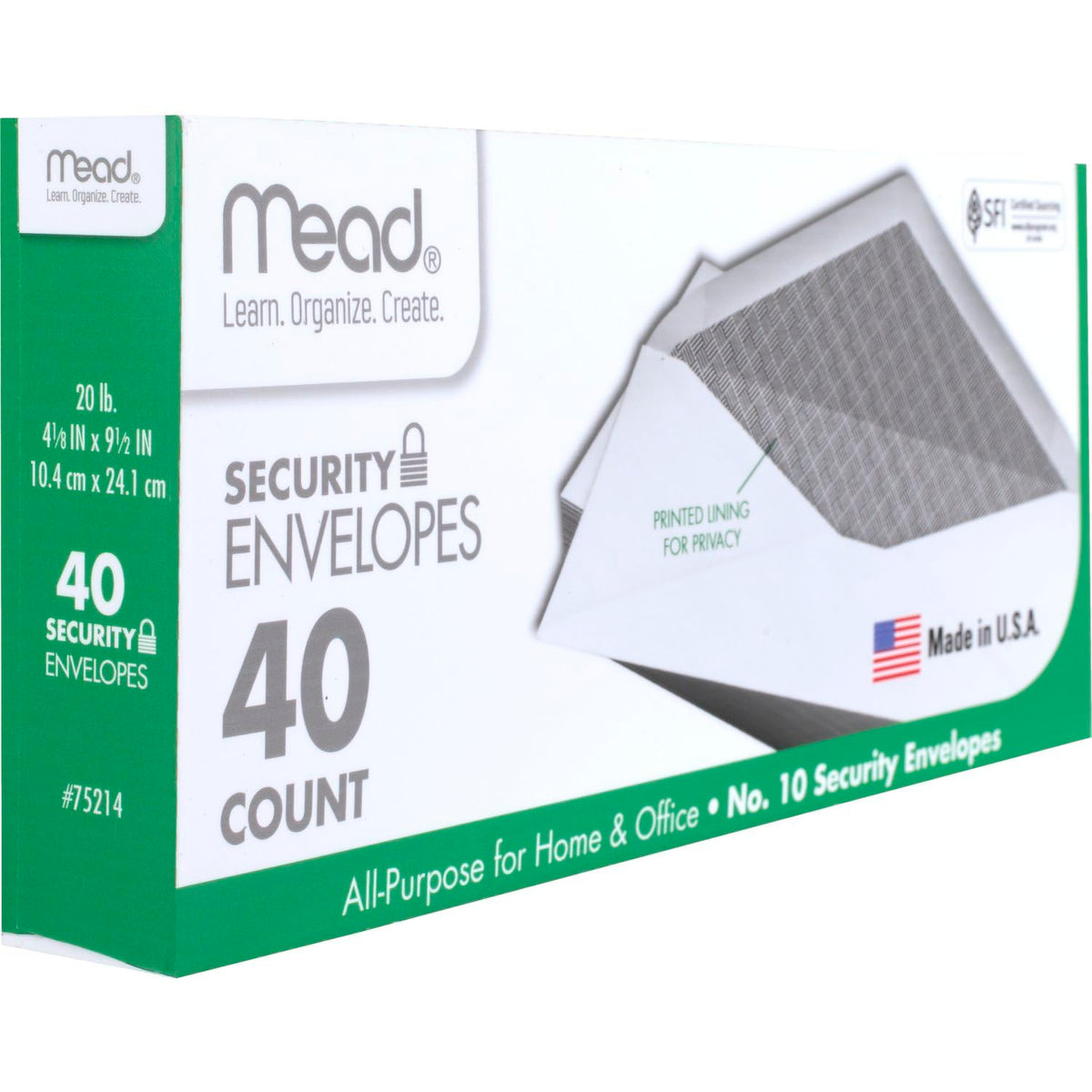 Mead #10 Envelopes, Letter Size, 4-1/8" x 9-1/2", Security Printed Lining for Privacy, Gummed Closure, Windowless, White All-Purpose for Home & Office Mail, 40 Count (75214)