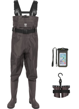 TIDEWE Bootfoot Chest Wader, 2-Ply Nylon/PVC Waterproof Fishing Hunting Waders with Boot Hanger for Men Women Green Brown