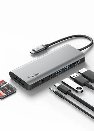 Belkin USB-C Hub, 7-in-1 MultiPort Docking Station for MacBook & Windows - 85W USB-C Power Delivery 3.0, 4K HDMI 1.4, 2x USB-A 3.0, SD 3.0, Micro SD 3.0, & 3.5mm Audio Jack