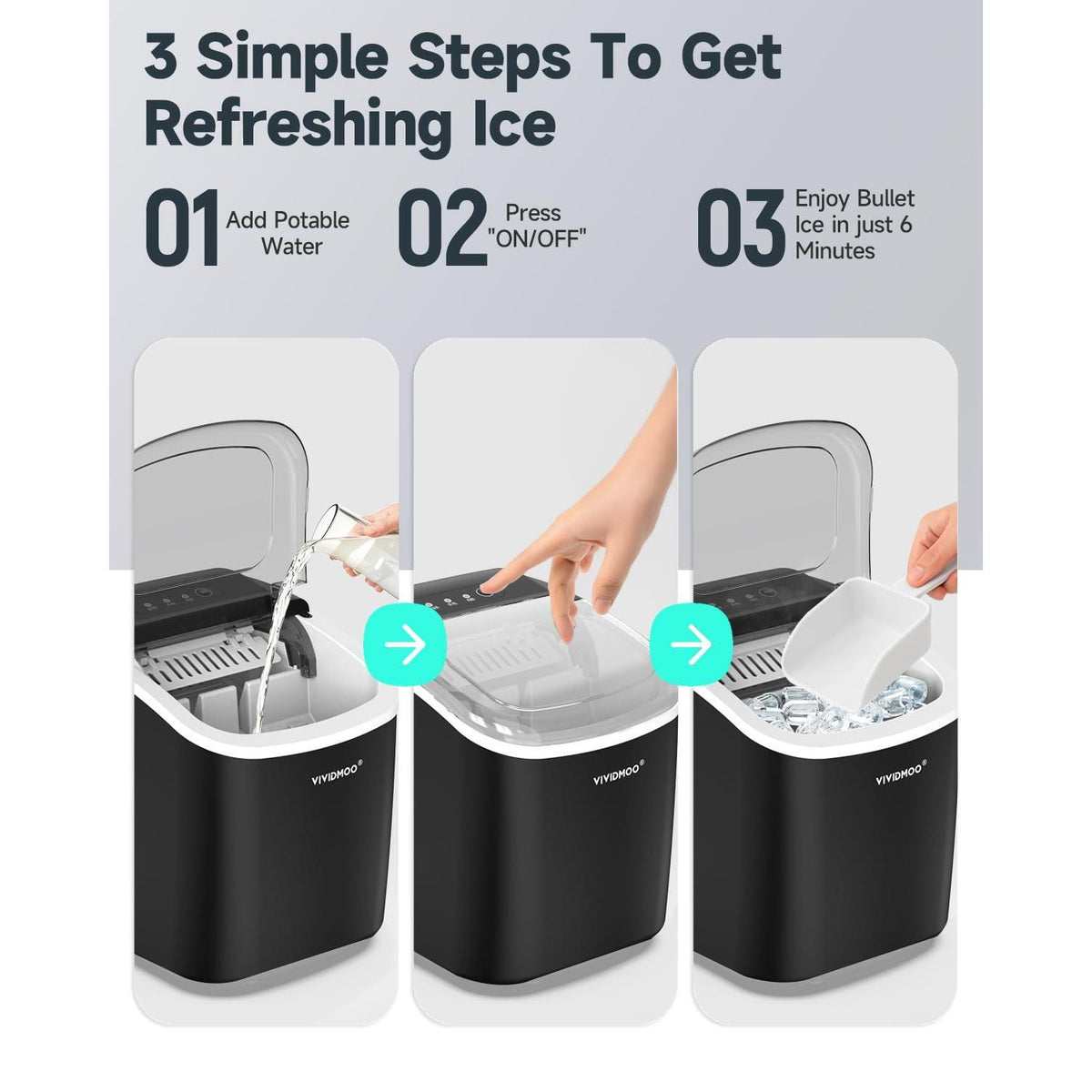 VIVIDMOO Countertop Ice Maker with Handle,26lbs/24H Bullet Ice Machine, 9 Ice Cubes Ready in 6 Mins,Self-Cleaning Sonic Ice Maker with Basket & Scoop,for Home/Office/Kitchen/RV/Party