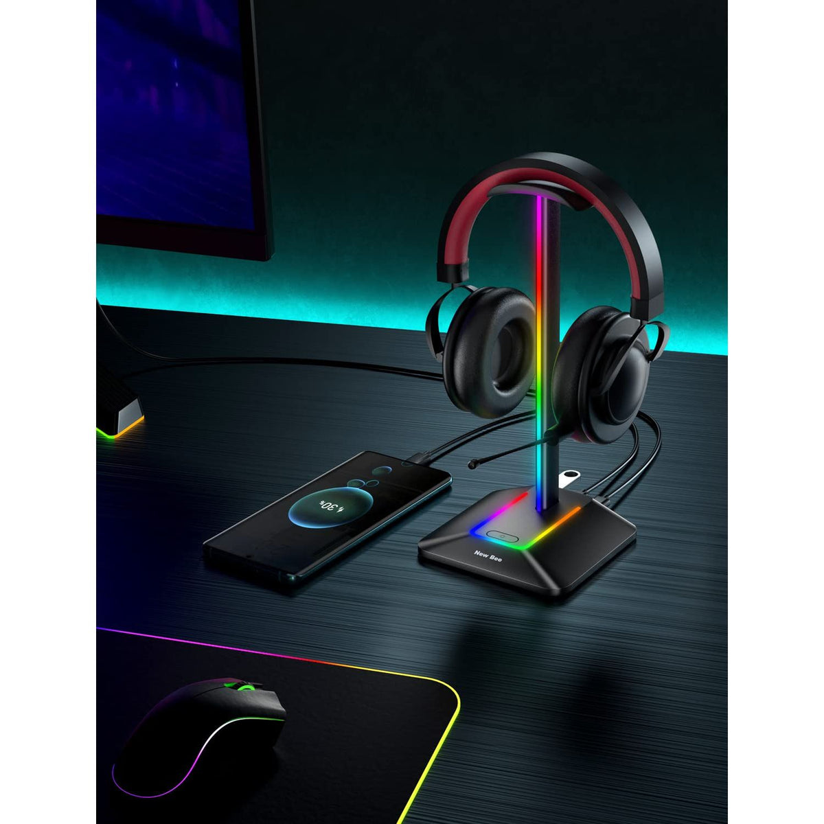New bee RGB Headphone Stand with 1 USB-C Charging Port and 1 USB Charging Port, Desk Gaming Headset Stand with 7 Light Modes for All Earphone Accessories (Black)