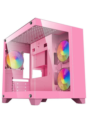 DIYPC ARGB-Q1.V2-P Pink USB3.0 Tempered Glass Micro ATX Gaming Computer Case w/Dual Tempered Glass Panel and 3 x ARGB 120mm Fans (Pre-Installed)