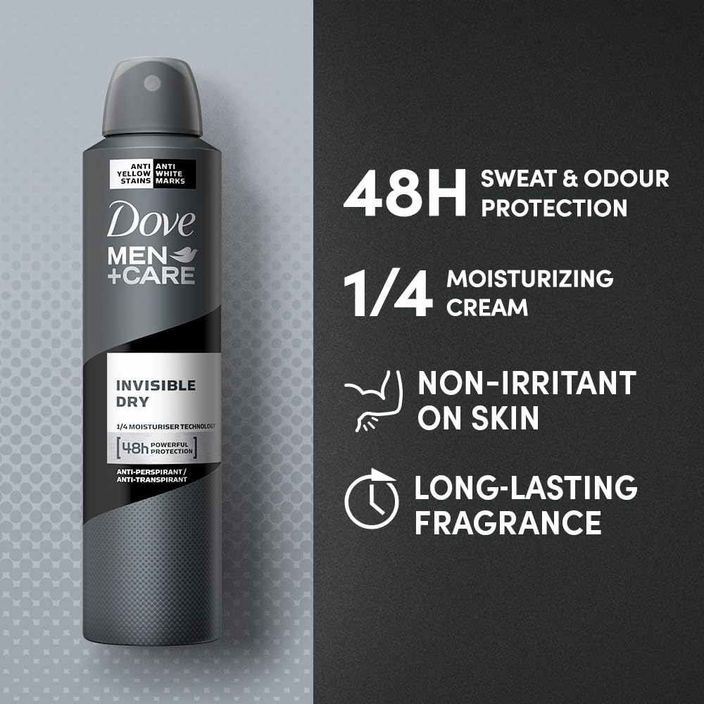 Dove Men+Care Invisible Dry Spray Antiperspirant Deodorant, Up To 48 hrs Protection From Sweat & Odour, Instantly Dry for Cleaner Feel & Leaves No White Marks or Stain, Soothes & Moisturises Skin, Warm, Oriental Scent, 250ml (Pack of 2)