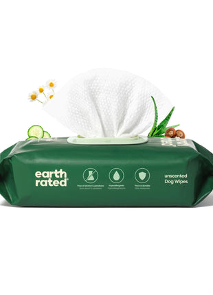 Earth Rated Pet Wipes for Dogs and Cats, Hypoallergenic, 3-in-1 Cleaning, Deodorizing and Hydrating, for Grooming Paws, Body and Butt, Unscented, 100 Count