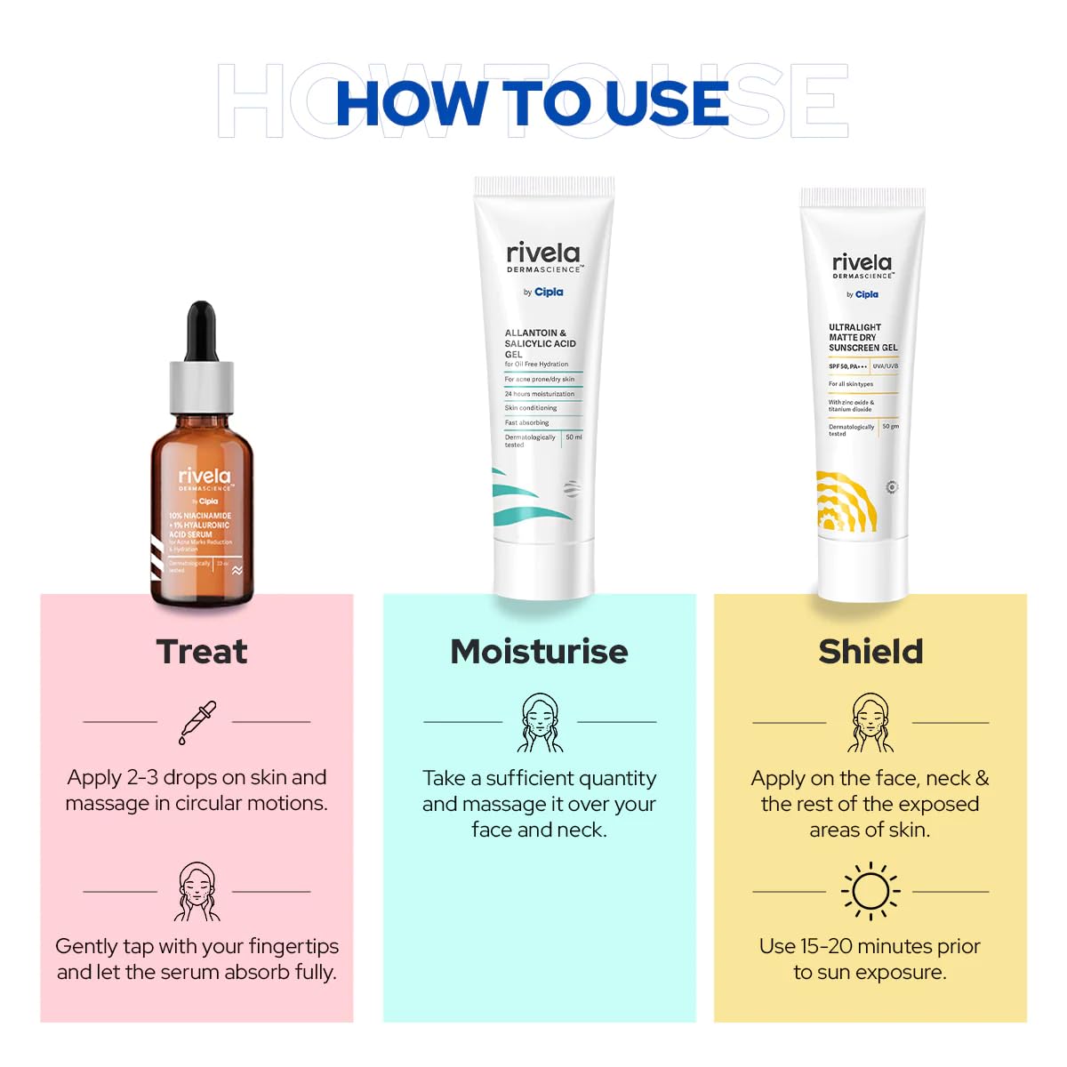 Rivela Dermascience Oily Skin Routine Set | Salicylic Cleanser (100ml) , Hazel Toner (100ml), 10% Niacinamide Face Serum (30ml), Allantoin Gel (50ml) & Sunscreen Gel (50gm) | 5 Items in Set