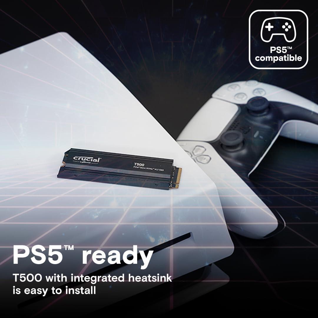 Crucial T500 1TB Gen4 NVMe M.2 Internal Gaming SSD with Heatsink, Up to 7300MB/s, PlayStation 5 Compatible + 1mo Adobe CC All Apps- CT1000T500SSD5