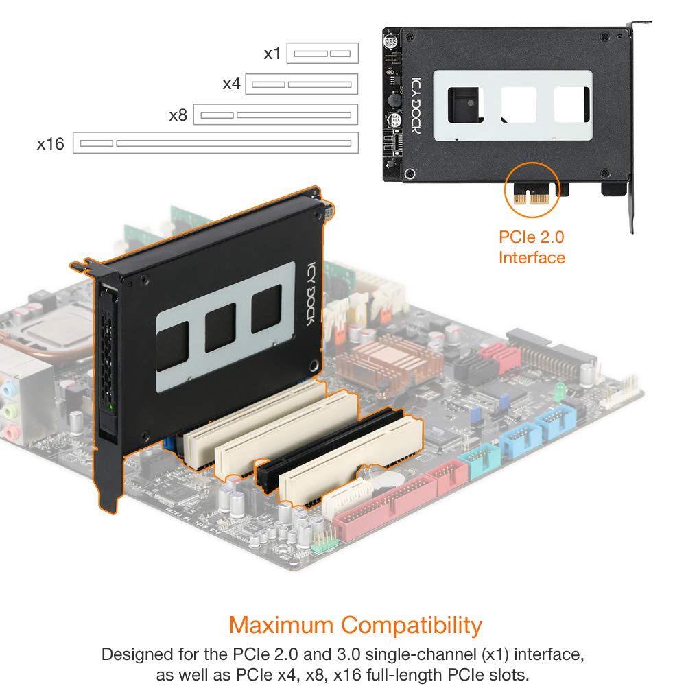 ICY DOCK 2.5 inch SATA SSD Removable Hard Drive Bay Adapter for PCIe Expansion Card Slot | ExpressSlot MB839SP-B