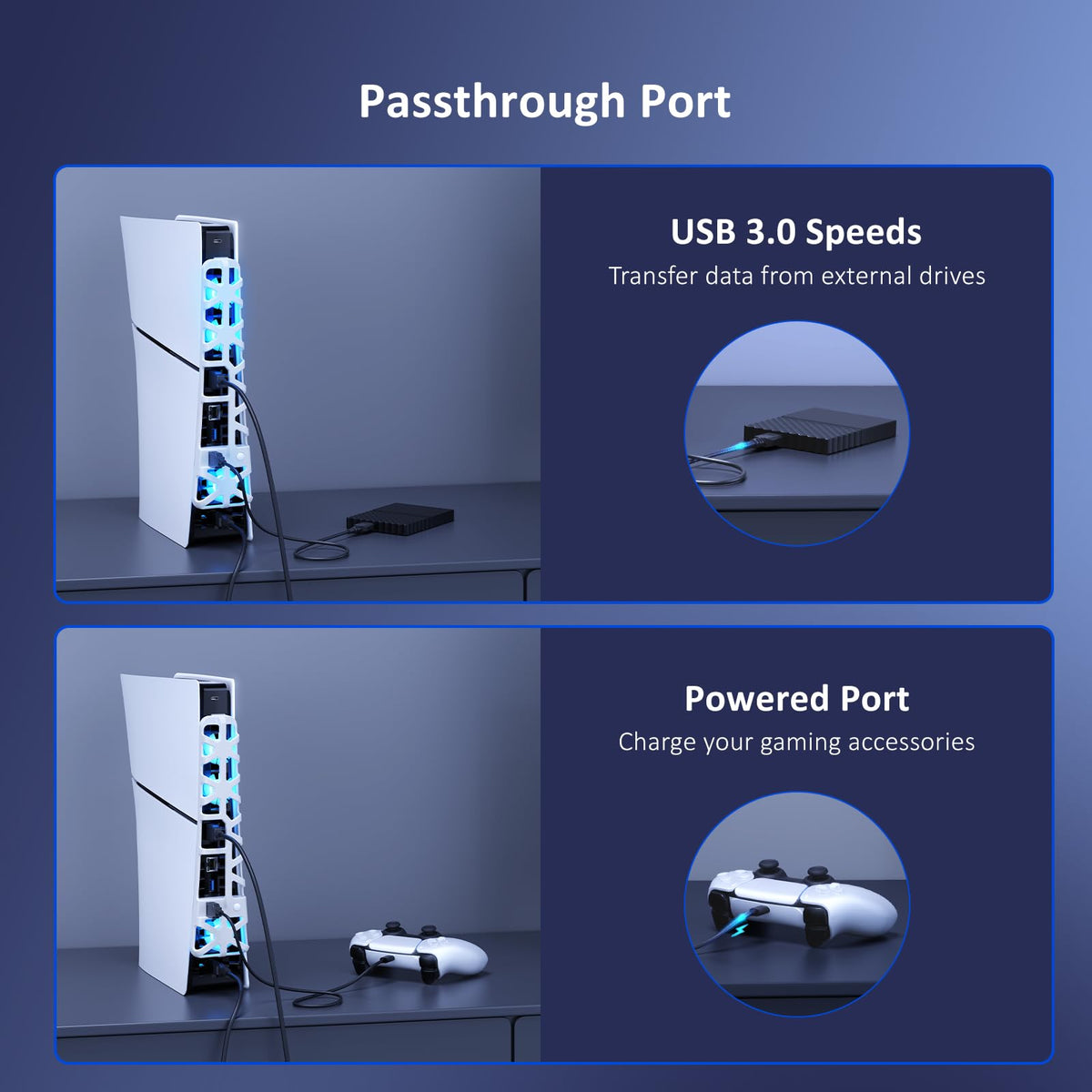 NexiGo PS5 Slim Silent Enhanced Cooling Fan with Adjustable Speed, Auto Power On/Off, with USB 3.0 Port, Efficient Cooling System for Both PS5 Slim Disc and Digital Editions (White)
