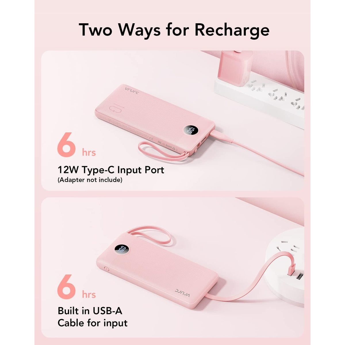 VRURC Portable Charger Power Bank, 10000mAh Travel Essentials Battery Pack, 5 Outputs 2 Inputs Slim Charging Bank Built-in Cables Cords Wires Compatible with iPhone,Samsung,Android-Pink(1 Pack)