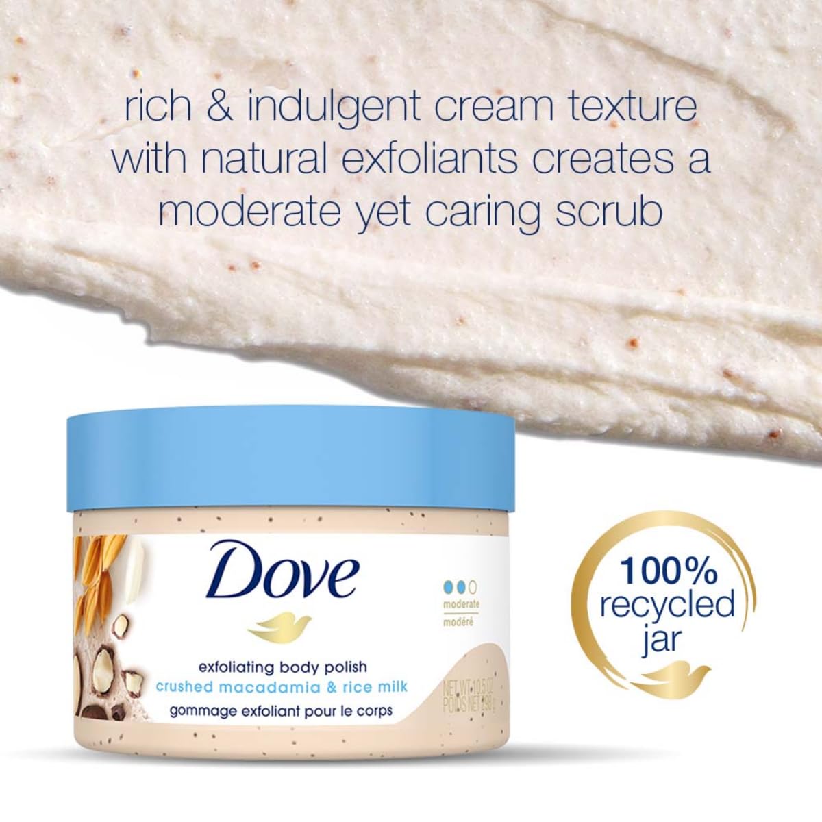 Dove Exfoliating Body Polish| Body Scrub |Deeply Nourishing Crushed Macadamia and Rice Milk |Moisturises & Brightens Skin | Sulphate Free|298gm