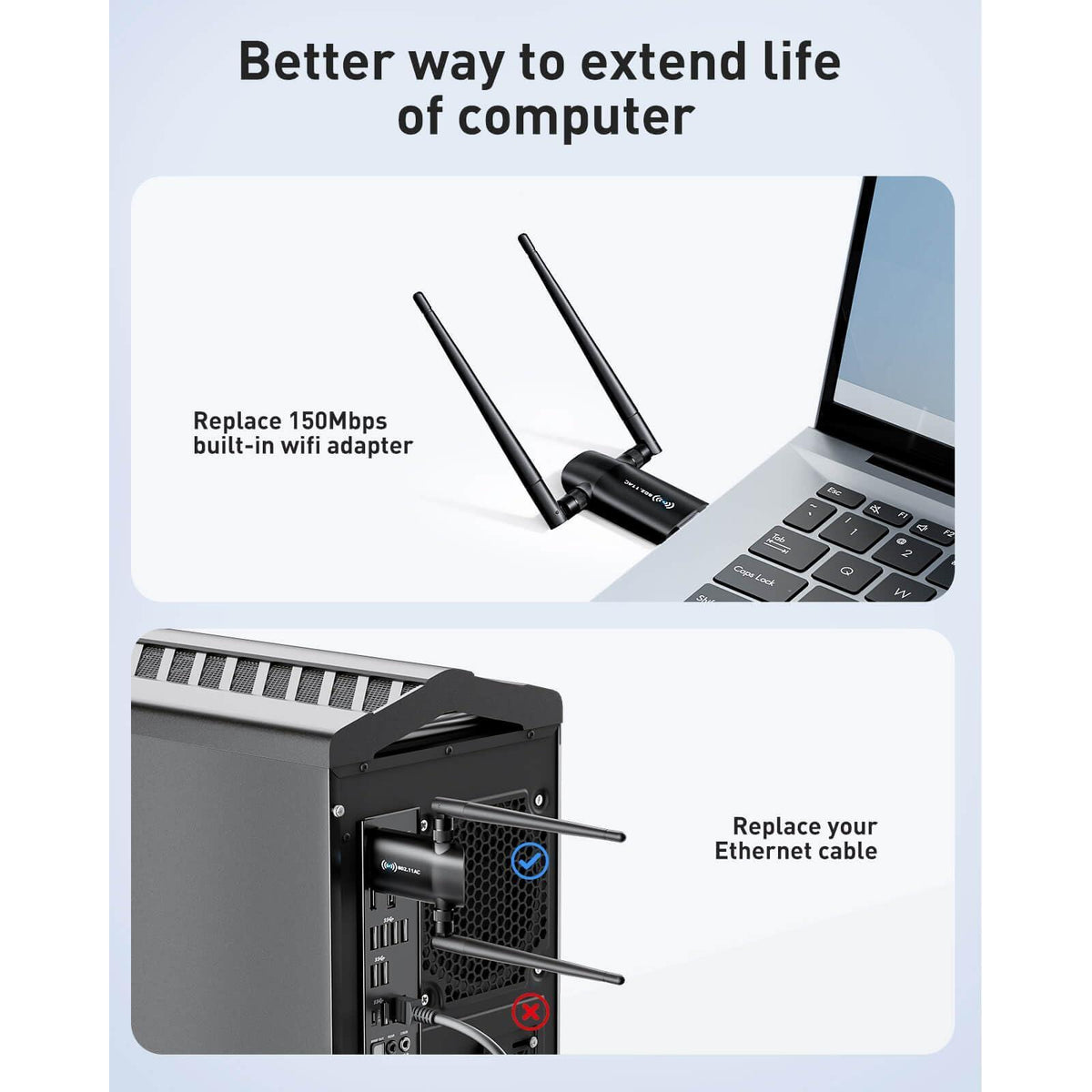 Wireless USB WiFi Adapter for PC - Nineplus 1300Mbps Dual 5Dbi Antennas 5G/2.4G WiFi Adapter for Desktop PC Laptop Windows11/10/8/7/Vista/XP, Wireless Adapters for Desktop Computer Network Adapters