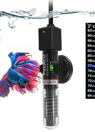 PULACO 25W Small Aquarium Submersible Betta Heater with Free Thermometer Strip, Under 6 Gallon Fish Tanks (Preset Temperature 78芒聞聣)