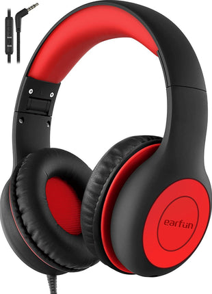 EarFun Kids Headphones Wired with Microphone, 85/94dB Volume Limit Headphones for Kids, Portable Wired Headphone with Shareport, Stereo Sound Foldable Headset for School/Tablet/iPad/Kindle, Black Red