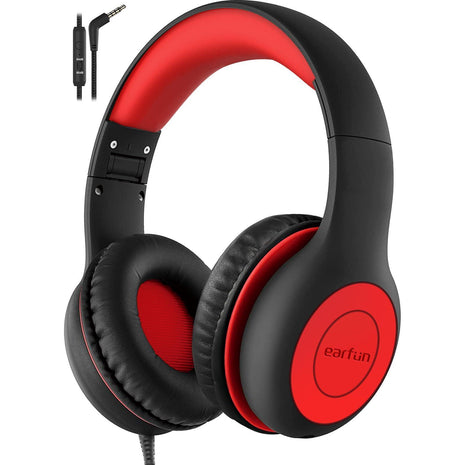 EarFun Kids Headphones Wired with Microphone, 85/94dB Volume Limit Headphones for Kids, Portable Wired Headphone with Shareport, Stereo Sound Foldable Headset for School/Tablet/iPad/Kindle, Black Red