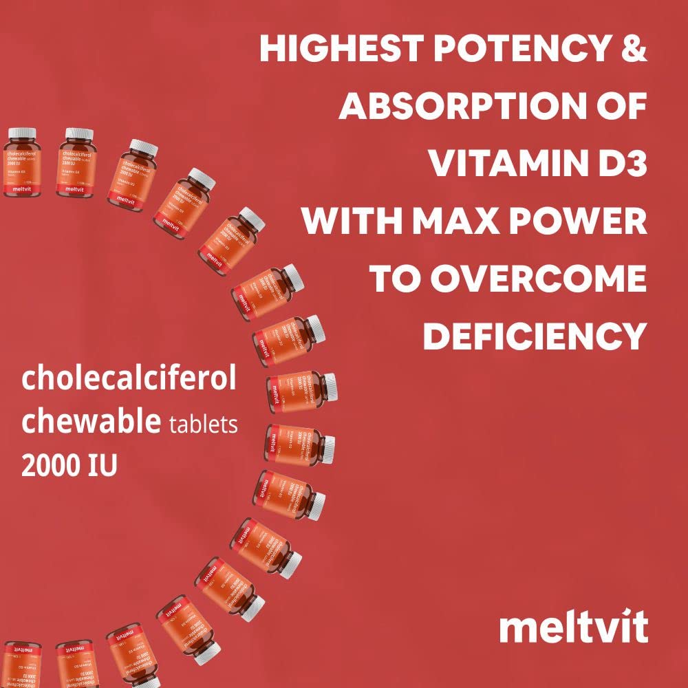 MELTVIT Chewable Vitamin D3 2000 IU - Cholecalciferol Vitamin D Supplement for Women & Men | Raspberry Flavour - 120 Tablets