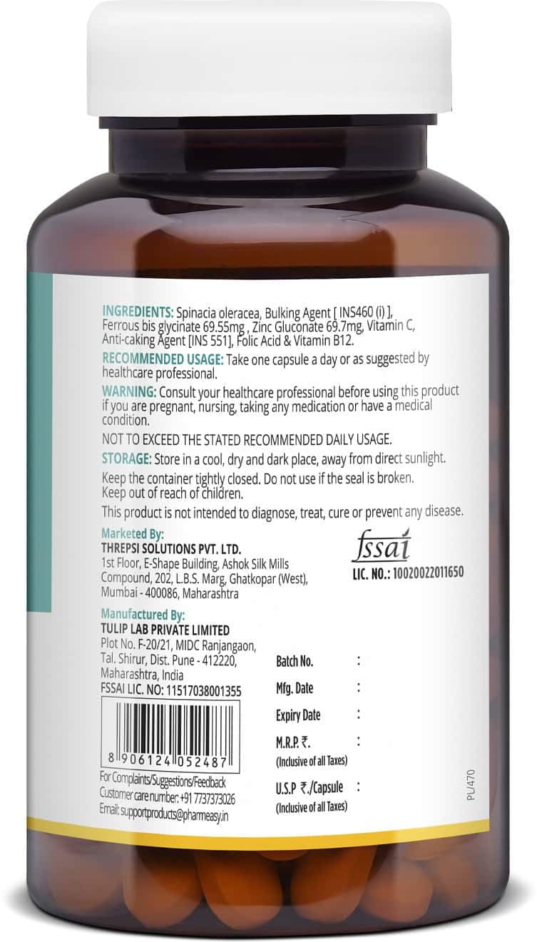 PHARMEASY IRON+FOLIC ACID WITH ZINC, VITAMIN C &B12 - MAINTAINS OVERALL HEALTH - BOTTLE OF 60