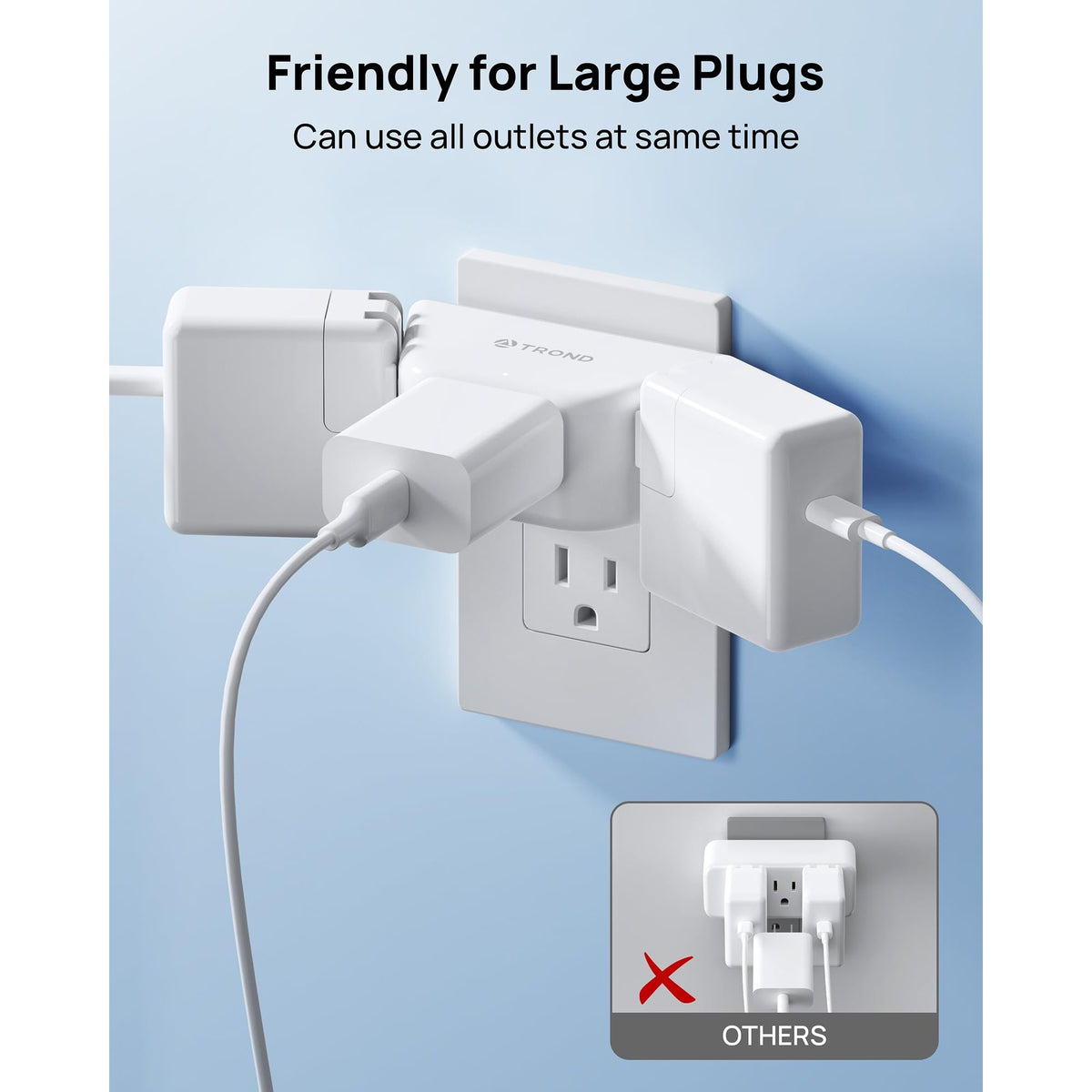 TROND Multi Plug Outlet Extender 2 Pack - Electrical Wall Splitter, 3 Way Angled Wall Outlet Adapter, Cruise Essentials, Small Multiple Plug Expander for Cruise Ship Home Office Dorm Room, White