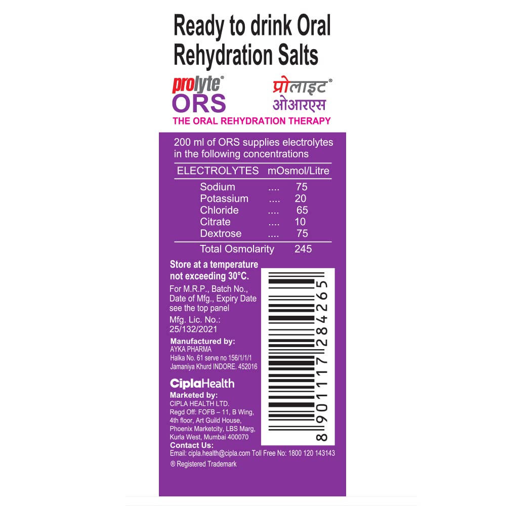 Cipla Prolyte ORS Ready to Drink Oral Rehydration Contains Vital Electrolytes | Restores Body Fluids & Electrolytes Lost Due to Sweating, Diarrhea & Vomiting | WHO Formula (Black Currant, Pack of 10)