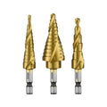 NEIKO 10181A Step Drill Bit Set, 3 Piece, Spiral Grooved for Faster Drilling, Step Bits for Stainless Steel, Metal, Wood, Plastic, Unibit Cone Drill Bits with 31 Step Sizes Total