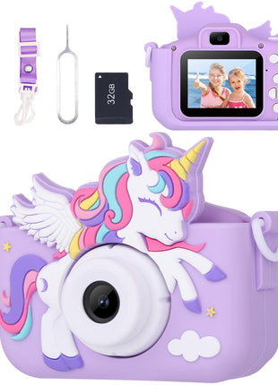 Unicorn Toys Camera for Kids Girls Age 3-8, Purple | Toddler Kids Digital Camera, Christmas Birthday Gifts for 3-8 Years Old Girl, 1080P HD Selfie Video Camera with 32GB SD Card
