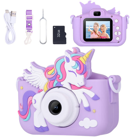 Unicorn Toys Camera for Kids Girls Age 3-8, Purple | Toddler Kids Digital Camera, Christmas Birthday Gifts for 3-8 Years Old Girl, 1080P HD Selfie Video Camera with 32GB SD Card