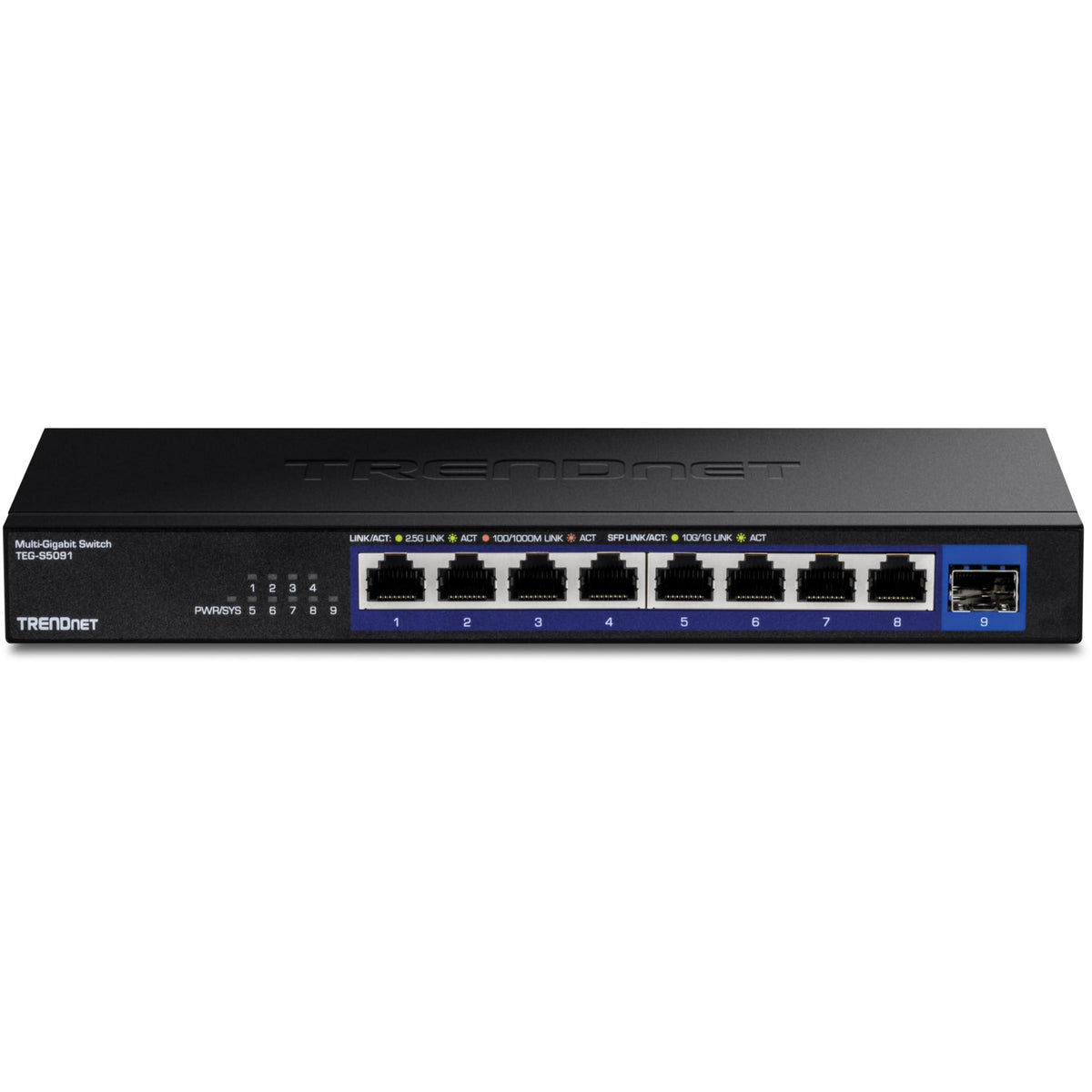 TRENDnet 9-Port Unmanaged 2.5G Switch with 10G SFP+ Port, TEG-S5091, 8 x 2.5GBASE-T Ports, 60Gbps, Wall Mountable, Ethernet Splitter, NDAA & TAA Compliant, Lifetime Protection, Black
