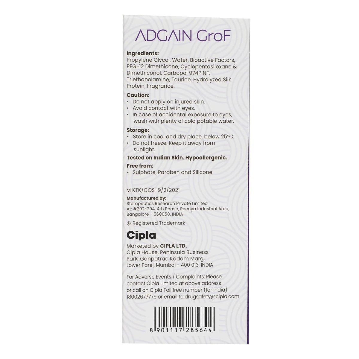 Cipla Adgain Grof Hair serum| Bioactive Concentrate for Hair Rejuvenation | Dermatologically Tested - 30g