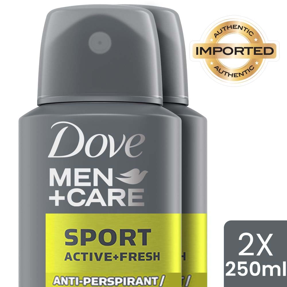 Dove Men+Care Sport Active+ Fresh Dry Spray Antiperspirant Deodorant, Up To 48 hrs Protection From Sweat & Odour, Dermatologically Proven Formula, Soothes & Moisturises Skin, Fresh citrus, Woody Scent, 250ml (Pack of 2)