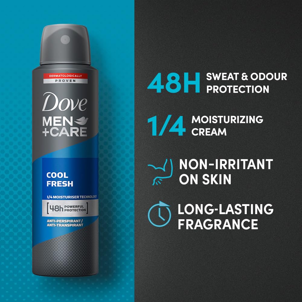 Dove Men+Care Cool Fresh Dry Spray Antiperspirant Deodorant, Up To 48 hrs Protection From Sweat & Odour, Instantly Dry for Cleaner Feel, Dermatologically Proven Formula, Soothes & Moisturises Skin, Clean, Refreshing Scent, 150ml (Pack of 2)