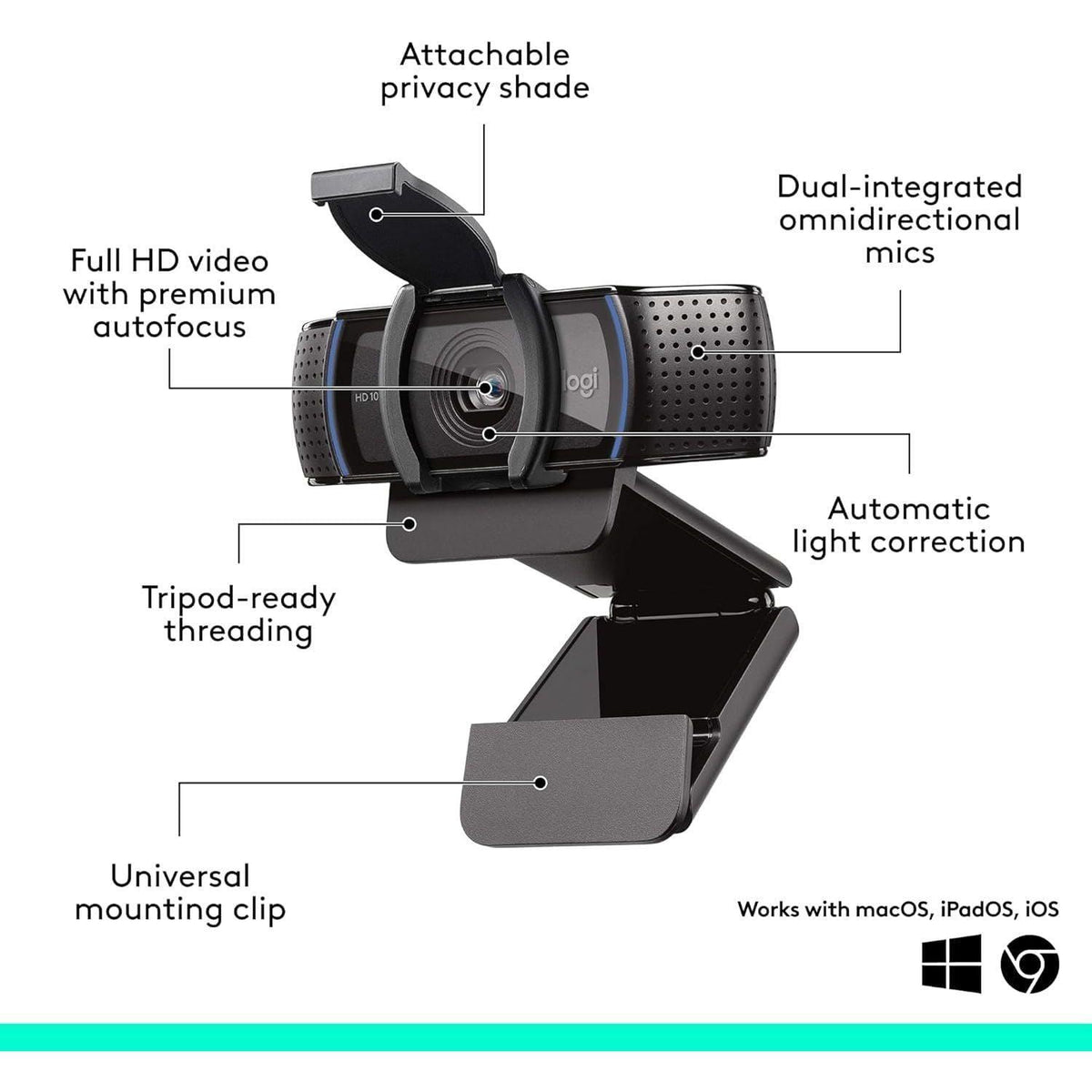 Logitech C920e HD 1080p Mic-Enabled Webcam, certified for Zoom, Microsoft Teams compatible, TAA Compliant