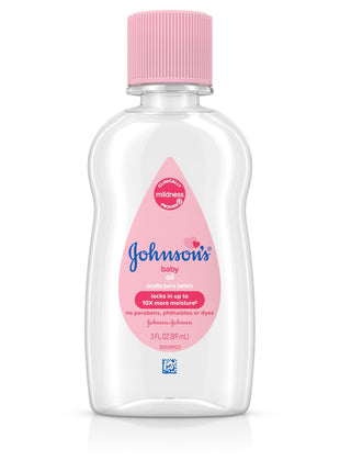 Johnson's Baby Oil, Pure Mineral Oil to Prevent Moisture Loss for Newborn, Kids, & Adults, Gentle, Soothing Baby Massage Oil, Dry Skin Relief, Hypoallergenic, Original Scent, Baby Essentials, 3 fl. oz