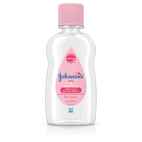 Johnson's Baby Oil, Pure Mineral Oil to Prevent Moisture Loss for Newborn, Kids, & Adults, Gentle, Soothing Baby Massage Oil, Dry Skin Relief, Hypoallergenic, Original Scent, Baby Essentials, 3 fl. oz