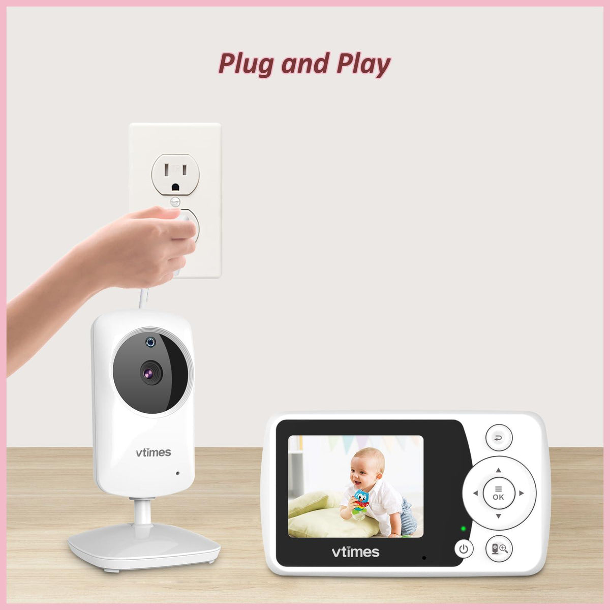 VTimes Baby Monitor with Camera and Audio, Video Baby Monitor No WiFi Night Vision 2.4" LCD Screen Portable Baby Camera Monitor Alarm Lullaby Temperature Sensor and 1000ft, Ideal for Baby/Elderly/Pet