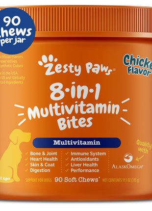Zesty Paws Dog Multivitamin, Chewable Dog Vitamins and Supplements for Hip & Joints, Skin & Coat, Omega 3 Fish Oil for Dogs- Senior & Puppy Multivitamin- Chicken- 90ct