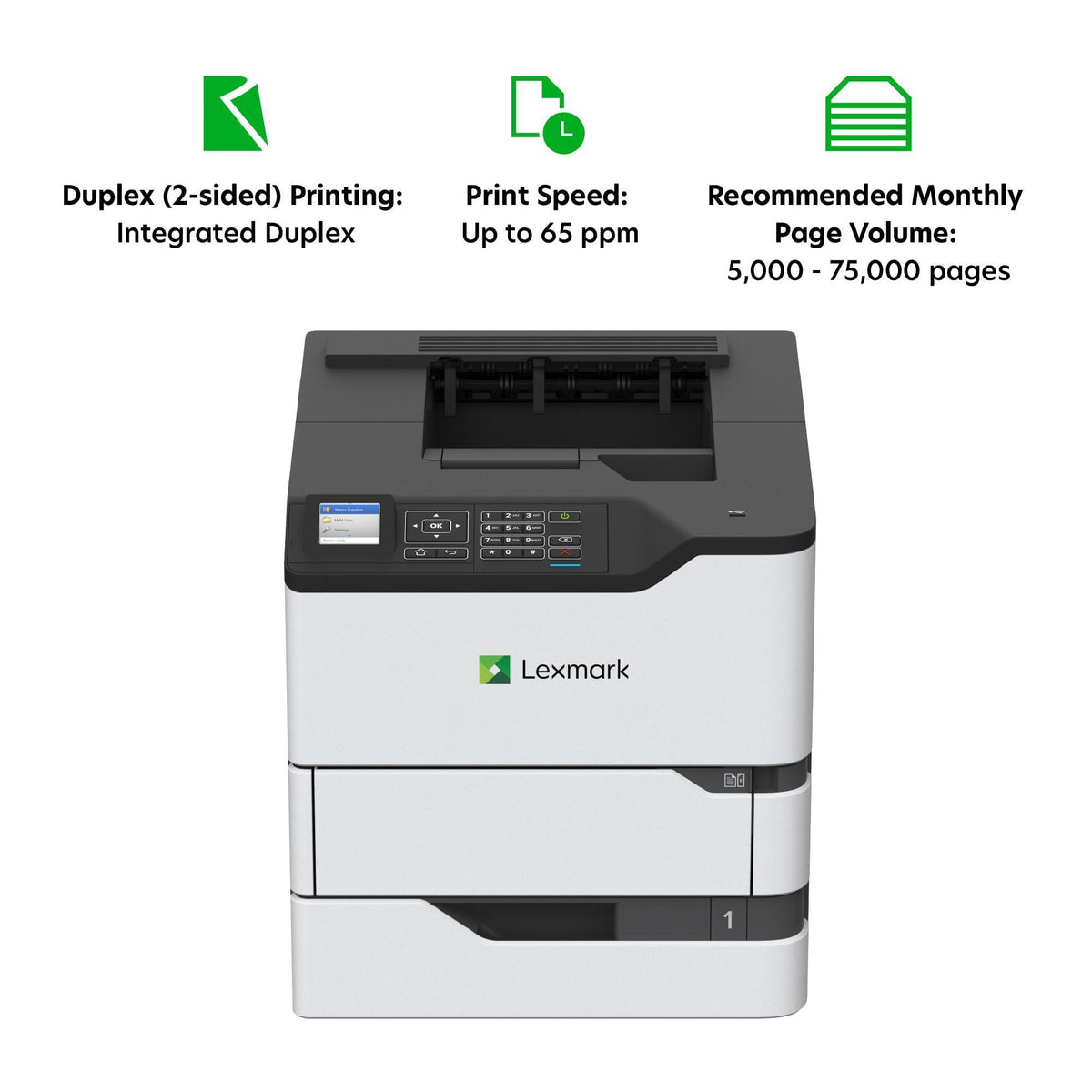 Lexmark MS823dn Monochrome Laser Printer for Office, Two-Sided Printing, Print Speed 65 ppm, 2.4 inch Color LCD Display, 1200 DPI, Black/Grey (50G0200)